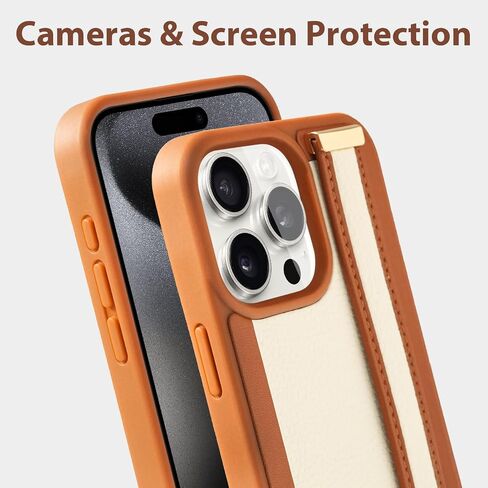 ZVE for iPhone 15 Pro Loopy Case with Hand Strap, Slim Stand iPhone Case with Adjustable Finger Grip Loop for Women Men, Luxury Leather Cover for iPhone 15 Pro, 6.1 inch- Brown in Saudi Arabia