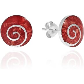 AeraVida Spiral Swirl Reconstructed Red Coral Round 10mm Disc .925 Sterling Silver Post Earrings | Handmade Fashion Jewelry for Women Unisex