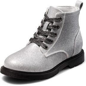 Dodow Girls Ankle Boots Glitter Combat Booties Zipper Lace Up Winter Dress Boots for Little Kid Big Kid