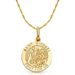 14K Yellow Gold St. Michael Pray For Us Charm Pendant with 0.9mm Singapore Chain Necklace