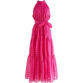 CHICWISH Women's Hot Pink/Blue Check Halter Neck Tie Waist Maxi Dress