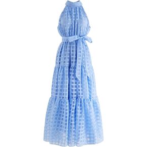CHICWISH Women's Hot Pink/Blue Check Halter Neck Tie Waist Maxi Dress
