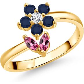 18K Yellow Gold Plated Silver Pink Tourmaline Blue Sapphire and White Lab Grown Diamond Flower Open Ring For Women (0.51 Cttw, Gemstone October Birthstone, Available In Size 5, 6, 7, 8, 9)