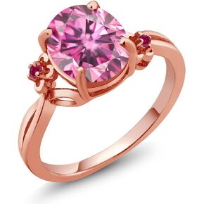 Gem Stone King 18K Rose Gold Plated Silver Pink Moissanite and Red Created Ruby 3 Stone Ring For Women (2.85 Cttw, Oval 10X8MM, Gemstone Birthstone, Available In Size 5, 6, 7, 8, 9)
