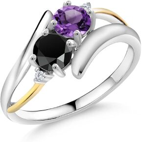 Gem Stone King 925 Sterling Silver and 10K Yellow Gold Purple Amethyst and Black Onyx Ring For Women (0.97 Cttw, Round 5MM, Gemstone Birthstone, Available In Size 5, 6, 7, 8, 9)