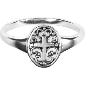 Dicksons Open Filigree Oval with Cross Silver Plated Metal Women's Fashion Ring