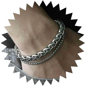 Sttiafay 2Pcs Silver Men's Titanium Steel Bracelet Silver Plated Link Wheat Chain Bracelet Dainty Italian Box Chain Bracelet Jewelry for Women Men