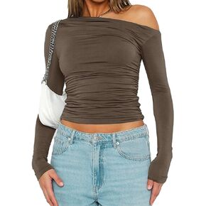 JWFORIDY Womens Long Sleeve Off Shoulder Casual Crop Tops Slim Fit Cute Y2K Going Out Tops Shirt