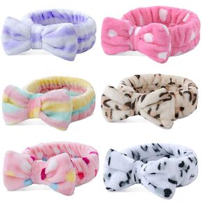 6 Pack Spa Headband,Bow Hair Band Women Facial Makeup Head Band Soft Coral Fleece Bowknot Head Wraps for Washing Face Shower, Bowtie Headbands Adjustable Elastic Hair Band for Girls and Women
