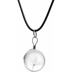 Dandelion Glass Necklace Handmade Charm Real Dandelion Seed Pressed White Flower Chic Crystal Transparent Ball Make A Wish Necklace for Women Teen Girls Nature Lover Birthday Fashion Jewelry Gifts