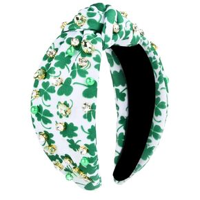 St.Patrick's Day Headbands for Women Green Rhinestone Beaded Top Knot Headband Irish Lucky Shamrock Jeweled Knotted Headband St Patricks Day Hairband Accessories Gifts (White-A)