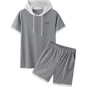 GORGLITTER Men's 2 Piece Colorblock Tracksuit Short Sleeve Hooded Tee and Drawstring Waist Shorts Set with Pockets in Saudi Arabia