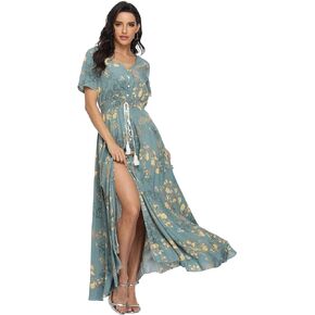 VintageClothing Women's Floral Print Maxi Dresses Boho Button Up Split Beach Party Dress