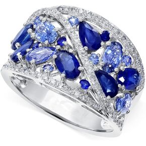 DOCCESTU 925 Sterling Silver Women's Ring Blue Zircon Ring Shiny Full Diamond Gem Ring Inlaid With Blue Cubic Zirconia Ring Cz Diamond Multi-row Wide Ring