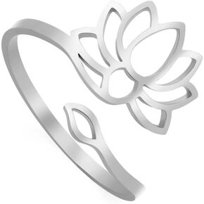 kkjoy Lotus Flower Yoga Ring Stainless Steel Double Lotus Adjustable Open Finger Rings Inspirational Jewelry Gift for Women Teens Girls