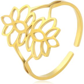 kkjoy Lotus Flower Yoga Ring Stainless Steel Double Lotus Adjustable Open Finger Rings Inspirational Jewelry Gift for Women Teens Girls in Kuwait