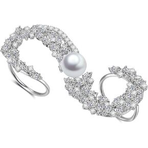 Aprilery Three-Finger Statement Rings for Women, Unique Pearl CZ Crystal Adjustable Open Ring Multiple Finger Cocktail Ring Jewelry Wedding Party Prom Accessory Gifts for Her
