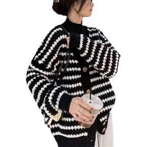 Women's Cardigan Fashionable Knitted Sweater Contrast Striped Lightweight Cardigan