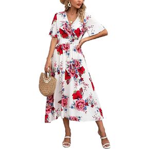 Kormei Women Short Sleeve V Neck Boho Floral Smocked Waist A-Line Swing Summer Beach Party Long Maxi Dress