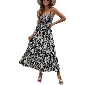 Lamilus Sundresses for Women Summer Casual Floral Dresses Sleeveless Spaghetti Strap Smocked Tiered Beach Party Maxi Dress