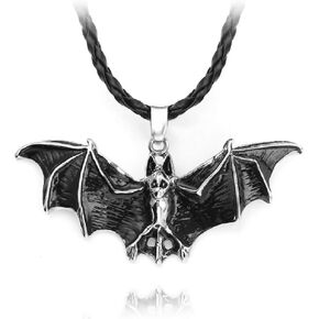 Gothic Bat Necklace for Men, Black Flying Bat Pendant Necklace with 21.65" Chain, Retro Vampire Bat Necklace, Halloween Bat Necklace, Leather Cord, Punk Animal Bat Jewelry Gift for Men Boys