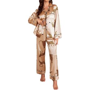 WDIRARA Women's 2 Piece Sleepwear Leopard Printed Button Front Long Sleeve Casual Satin Pajama Sets