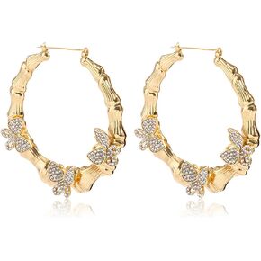 Large Butterfly Leopard Pattern Bamboo Hoop Earring Statement Punk Oversized Geometric Circle Round Animal Insect Earring for Girl Women Teen Retro Exaggerated Jewelry Birthday Gift