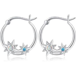 Midir&Etain Star of David Earrings 925 Sterling Silver Opal Star Hoop Earrings Hypoallergenic Star Jewelry Gift Birthday Christmas for Women Girls