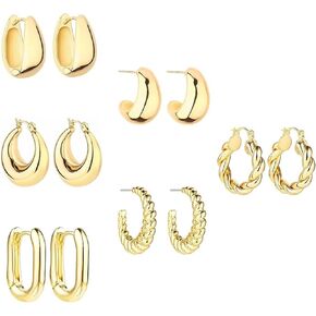 Stylish and Versatile 6 Pairs 14K Gold Hoop Earrings for Women, Lightweight and Hypoallergenic, Multipack with Various Sizes and Styles in Kuwait
