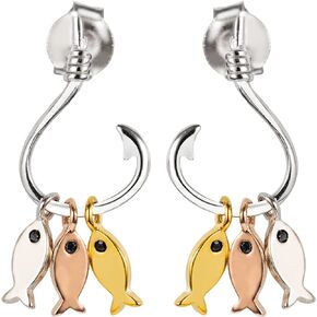 14K Gold Plated 925 Sterling Silver 3 Fish on Hook Stud Earrings, Nickel Free Hypoallergenic for Sensitive Skin, Ocean Beach Theme Jewelry for Women, Gift Box Included