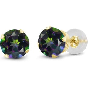 Gem Stone King 14K Yellow Gold Mystic Green Topaz Stud Earrings For Women (2.00 Cttw, Round 6MM)