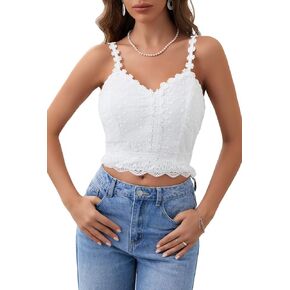 SweatyRocks Women's Sleeveless Lace Trim Spaghetti Strap Embroidery Cami Crop Top Solid Boho Summer Camisole
