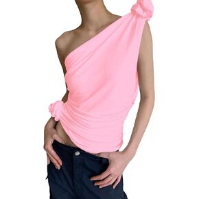 Lauweion Women's One Shoulder Rosette Floral Crop Tank Top Side Ruched Asymmetrical Hem Sleeveless Crop Top in Kuwait