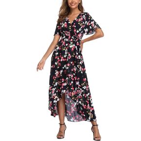 Women's Maxi Boho Floral Dress Short Sleeve Wrap Summer Split Beach Party Dress