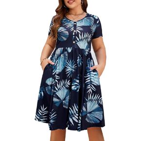 BEDOAR Women's Short Sleeve Colorblock Button Down Knee-Length Flared A-Line Casual Plus Size Dress with Pockets