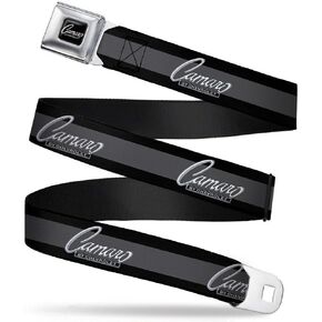 Buckle-Down Seatbelt Belt - 1969 CAMARO BY CHEVROLET Emblem/Stripe Black/Gray/Silver - 1.5" Wide - 32-52 Inches in Length