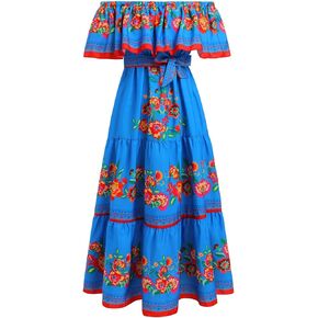 ABAFIP Women Off Shoulder Floral Mexican Dress Sleeveless Summer Beach Maxi Long Dress Traditional Dresses
