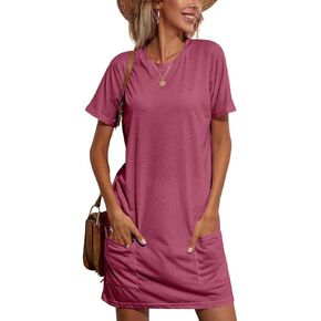 Women's Casual Crew Neck Short Sleeve Solid T Shirt Dress with Pockets
