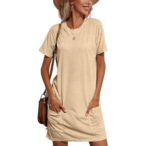 Women's Casual Crew Neck Short Sleeve Solid T Shirt Dress with Pockets