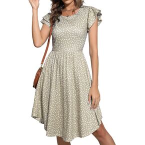 YATHON Casual Dress for Women Summer Crew Neck Ruffle Sleeve Swing A Line Floral High Low Hem Sundresses with Pocket