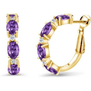 Gem Stone King 3.84 Ct Oval Purple Amethyst White Topaz 18K Yellow Gold Plated Silver Hoop Earrings