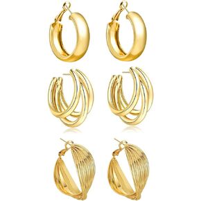 Chunky Gold Hoop Earrings for Women 3 Pairs | Thick Gold Hoop Earrings Set | Hypoallergenic Multiple Thick Twisted Hoop Earrings | Chunky Triple Hoop Earrings | Fashion Jewelry for Her
