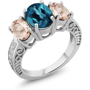 Gem Stone King 925 Sterling Silver Oval London Blue Topaz and Peach Morganite 3 Stone Women Ring (3.10 Cttw, Gemstone Birthstone, Available In Size 5, 6, 7, 8, 9)