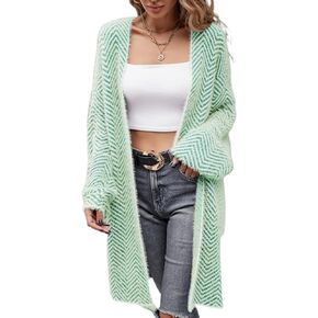 Homgro Women's Long Duster Cardigan Chevron Fuzzy Baggy Loose Warm Knitted Long Sleeve Open Front Midi Sweater Cardigan