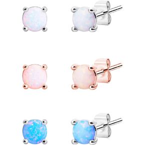 Silver Opal Stud Earrings Set: Rose Gold Earrings for Women Girl Kid Teen - 14K White Gold Plated Jewelry 4mm Small Round Stainless Steel Sensitive Ear Post - Dainty Hypoallergenic