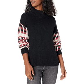 Cable Stitch Women's Dropped Shoulder Contrast Sleeve Sweater - Mock Neck Long Sleeve Loose Fit Pullover Top