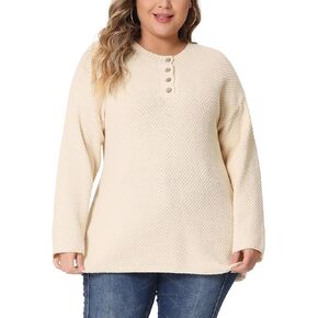 Agnes Orinda Plus Size Sweater for Women Oversized Round Neck Long Sleeve Button Knit Pullover Sweater Tops