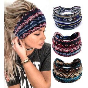 YBSHIN Boho عصابات رأس واسعة مخططة، أغطية رأس معقودة، أربطة رأس يوجا عمامة، وشاح رأس مطاطي مطبوع عليه زهور، أربطة شعر من القماش للنساء والفتيات 3 قطع (أ)