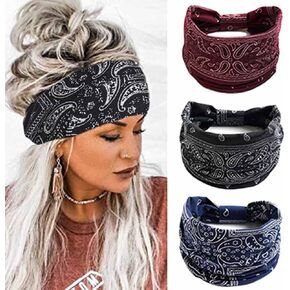 YBSHIN Boho عصابات رأس واسعة مخططة، أغطية رأس معقودة، أربطة رأس يوجا عمامة، وشاح رأس مطاطي مطبوع عليه زهور، أربطة شعر من القماش للنساء والفتيات 3 قطع (أ)