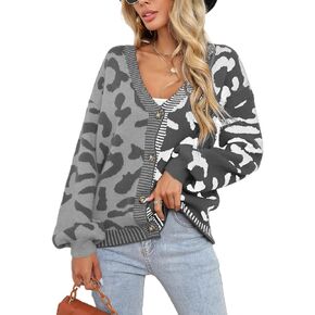ROYUNA Cardigan for Women V Neck Leopard Color Block Oversized Knit Sweater Button Down Loose Outwear